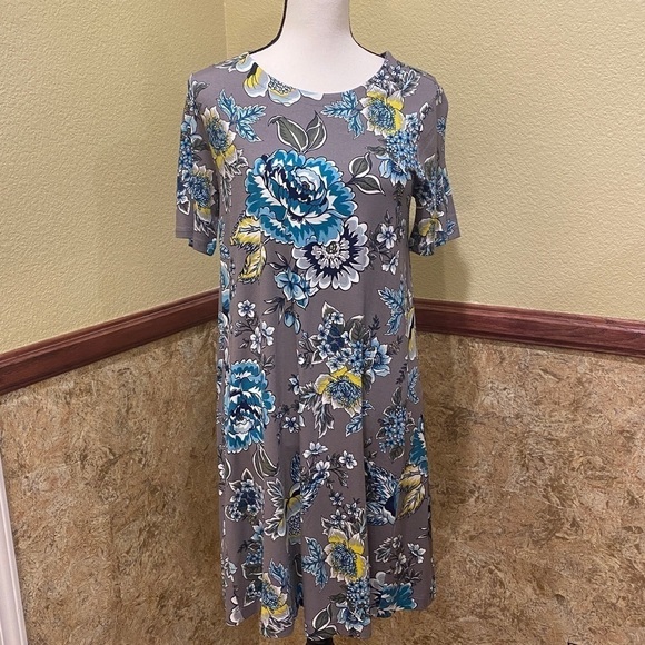Loft NWT Outlet Size Medium Stretchy Dress Gray Teal Yellow Flowers Floral New - Picture 7 of 7